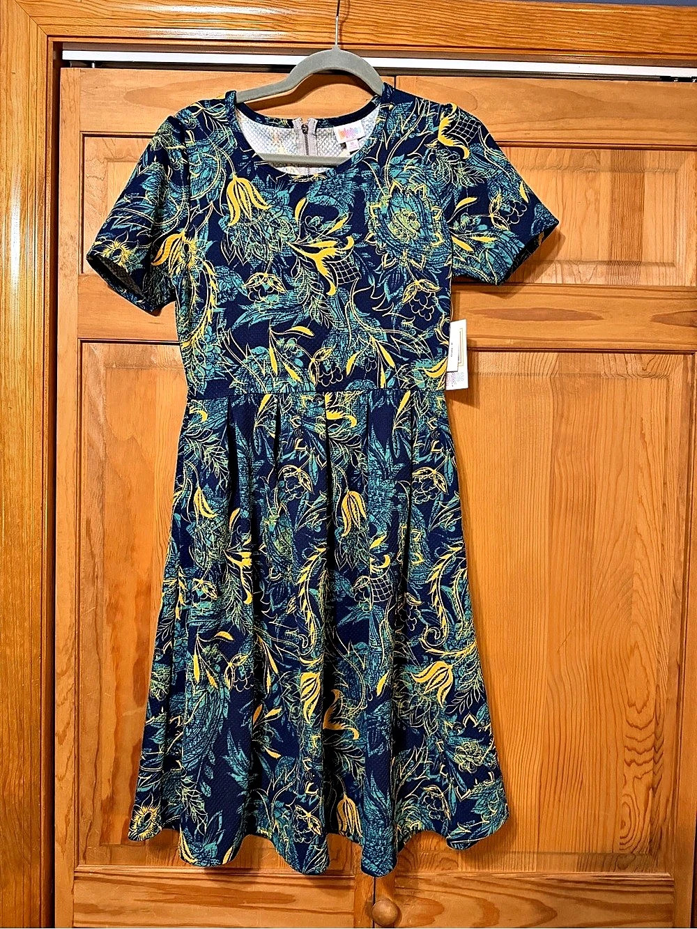 LuLaRoe Amelia Dress Floral Midi Blue & Yellow Medium NWT